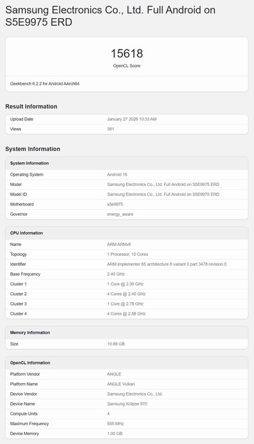 Предполагаемый Exynos 2700 в тесте Geekbench OpenCL.