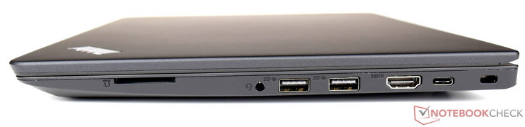 Справа: адаптер карт SD, 3.5-мм аудиопорт, 2x USB 3.0, HDMI, USB Type-C (Gen. 1), замок Kensington Lock