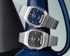 Ретро-часы Casio AQ-240E-1A и AQ-240E-2A2 с аналогово-цифровым дисплеем и циферблатами с эффектом «солнечных лучей» черного и синего цветов соответственно, представлены рядом.