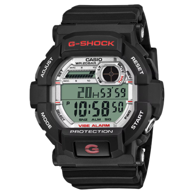Вид спереди модели G-Shock GD-350S, демонстрирующий её чёрный корпус и цифровой дисплей.
