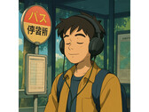 Сгенерированная искусственным интеллектом иллюстрация в стиле работ Studio Ghibli. На ней изображен молодой человек, безмятежно сидящий на автобусной остановке и слушающий музыку. (Источник изображения: Сгенерировано с помощью ChatGPT)