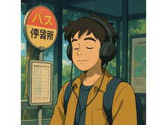 Сгенерированная искусственным интеллектом иллюстрация в стиле работ Studio Ghibli. На ней изображен молодой человек, безмятежно сидящий на автобусной остановке и слушающий музыку. (Источник изображения: Сгенерировано с помощью ChatGPT)