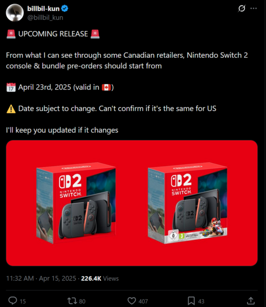 Billbil-kun Canada Switch 2 обновление предварительного заказа X пост (Источник изображения: аккаунт Billbil-kun X)