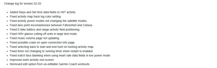 Примечания к выпуску обновления Garmin beta версии 22.03 для Fenix 7. (Источник изображения: Garmin)