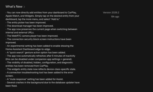 Журнал изменений для приложения Home Assistant для iOS версии 2026.2