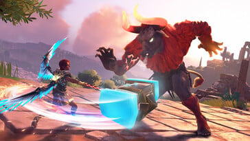 Изображение, показывающее битву с минотавром в игре Immortals Fenyx Rising.