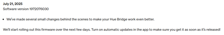 Примечания к версии прошивки Philips Hue Bridge 1972076030. (Источник изображения: Philips Hue)