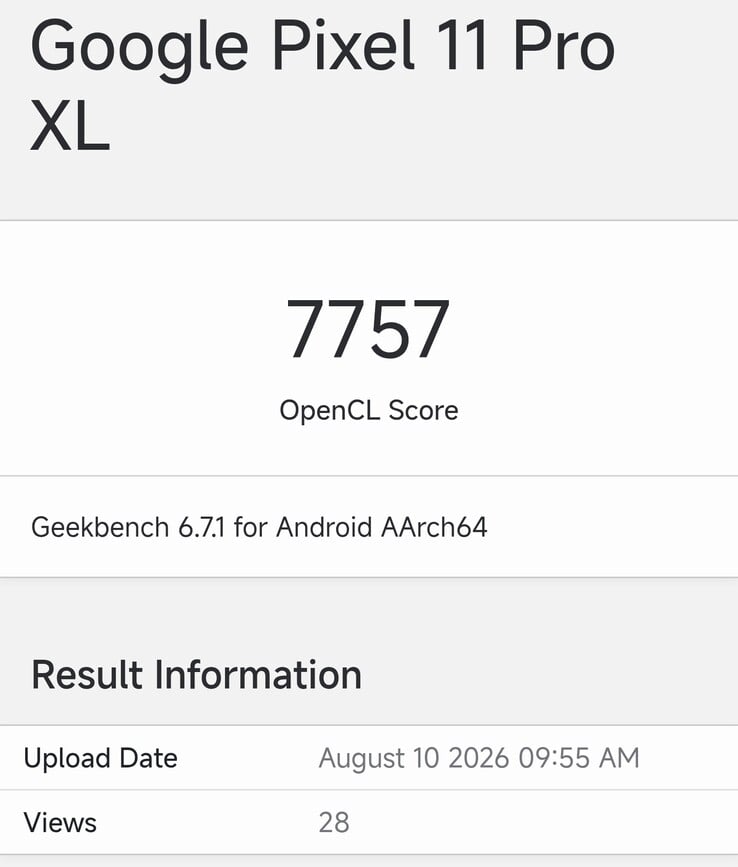 Результаты теста Geekbench Compute для Pixel 11 Pro XL