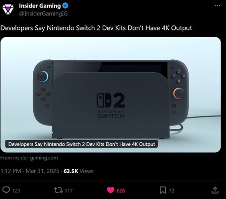 Insider Gaming Switch 2 dev kit lacking 4K X post (Источник изображения: скриншот, аккаунт Insider Gaming X)