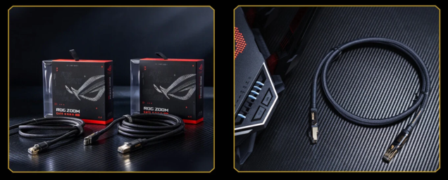 Asus ROG Zoom. Плотная плетёная оплётка защищает его от истирания и растяжения, а разъёмы RJ-45 оснащены медными экранами с золотым покрытием.