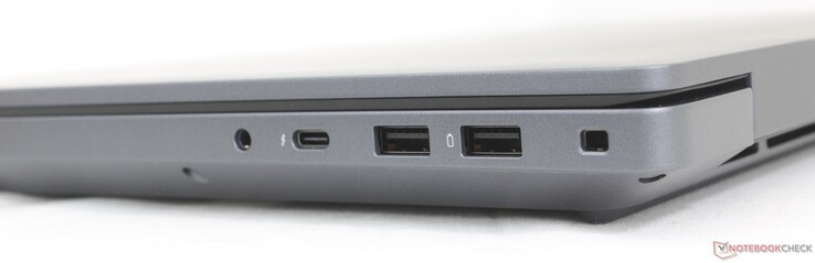 Справа: 3,5 мм гарнитура, USB-C Thunderbolt 4 (40 Гбит/с) w/ DisplayPort 2.1 + Power Delivery, USB-A 3.2 Gen. 1, слот для замка