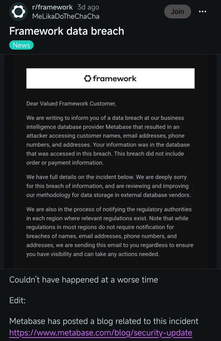 Сообщение на Reddit с подробностями об утечке данных, описанной компанией Framework