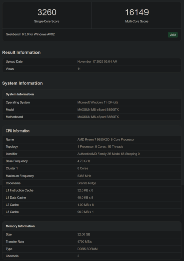 Листинг Ryzen 7 9850X3D Geekbench (источник изображения: Geekbench)