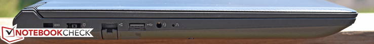 Слева: порт Kensington Lock, вход питания, порт Gigabit Ethernet, порт USB 2.0, 3.5-мм комбинированный аудиопорт, Lenovo OneKey Recovery