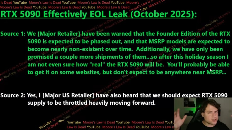 По сообщениям, поставки RTX 5090 значительно сократятся в ближайшие месяцы. (Источник изображения: Moore's Law Is Dead)