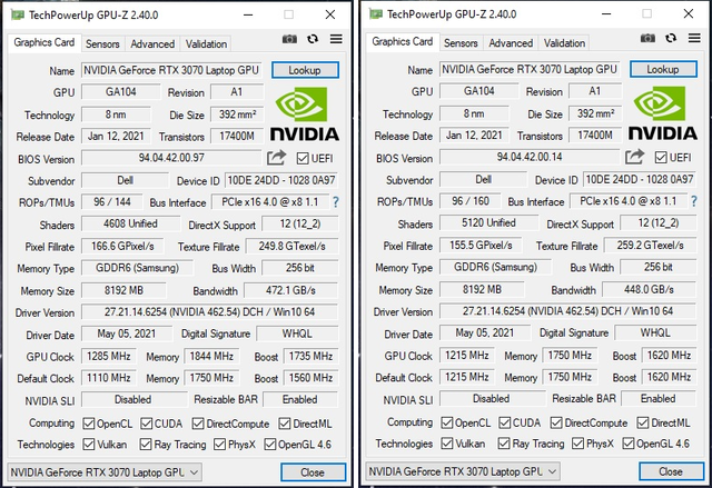 Слева - параметры одной такой RTX 3070, справа - она же с прошивкой от RTX 3070 из m15 R4 (Изображение: Форумы Notebookreview)