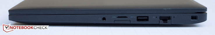 Справа: 3.5-мм комбинированный аудио разъем, кардридер, слот SIM-карты, USB 3.0, Ethernet, слот замка Nobel Wedge