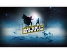Рекламное изображение для Steam Star Wars Day Sale, на котором изображены Дарт Вейд и Люк Скайуокер, сражающиеся на световых мечах, и рекламный текст сверху. (Источник изображения: Steam)