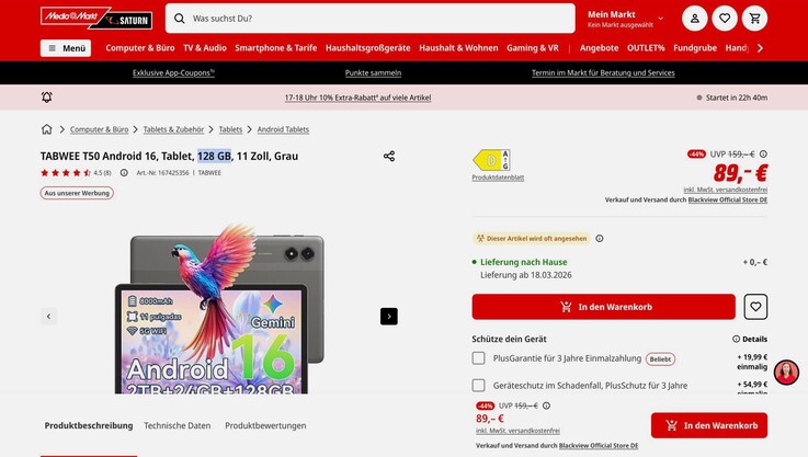 Tabwee T50 продается в нескольких регионах с 6 ГБ ОЗУ и 128 ГБ памяти.