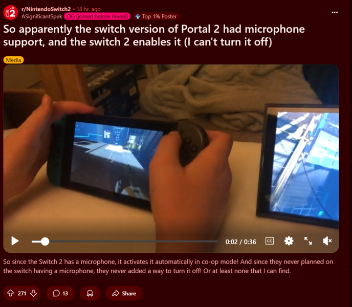 Portal 2 Switch 2 демонстрирует всегда включенный микрофон (источник изображения: скриншот, Nintendo Switch 2 subreddit)