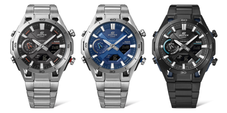 Слева направо: часы Casio Edifice ECB-2300D-1A, ECB-2300D-2A и ECB-2300DC-1A (Источник изображения: Ersa Watch, отредактировано)