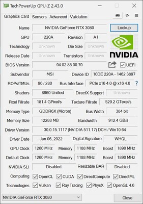 Скриншот GPU-Z с характеристиками RTX 3080 12 ГБ (Изображение: eTeknix)