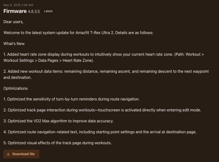 Примечания к версии прошивки 3.8.0.5 для смарт-часов Amazfit T-Rex Ultra 2