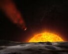 Художественная иллюстрация, изображающая экзопланету, движущуюся к своей звезде.