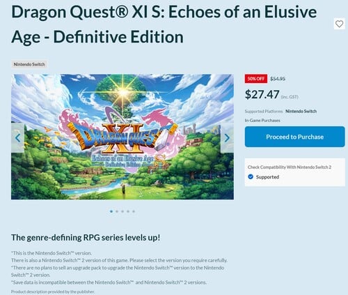 Отказ от ответственности за Dragon Quest XI S: Echoes of an Elusive Age - Definitive Edition Switch версия