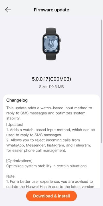 Журнал изменений для версии прошивки 5.0.0.17 для часов Huawei Watch Fit 3. (Источник изображения: u/Eyas-Alhamwi через Reddit)