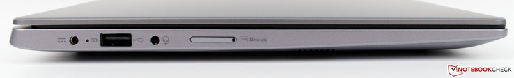 Левая сторона: разъем питания, USB 2.0 Type-A, аудио разъем, лоток microSD и SIM карт