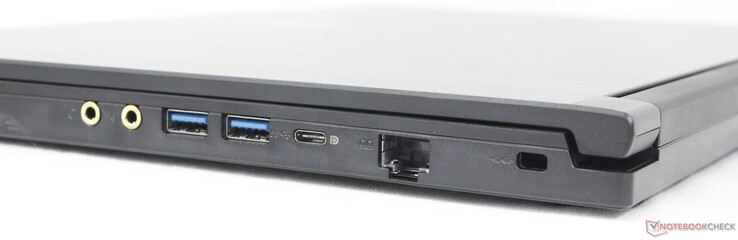 Справа: гарнитура 3,5 мм, микрофон 3,5 мм, 2x USB-A 3.2 Gen. 1, USB-C 3.2 Gen. 1 w/ DisplayPort, RJ-45 (1 Гбит/с), замок Кенсингтона