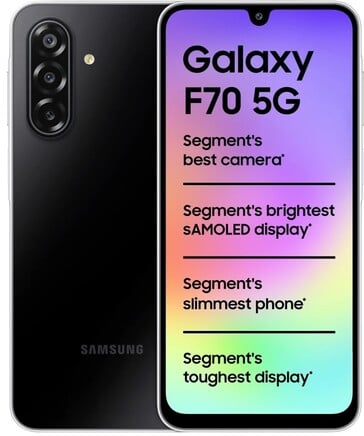 Samsung Galaxy F70 5G в цвете Bold Black, вид спереди и сзади
