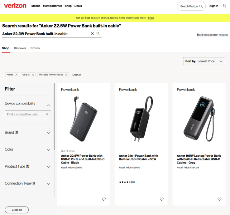 Скриншот объявления Verizon о продаже нового пауэрбанка Anker. (Источник изображения: Verizon)