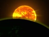 Художественная иллюстрация, изображающая Солнце и Землю.