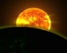 Художественная иллюстрация, изображающая Солнце и Землю.