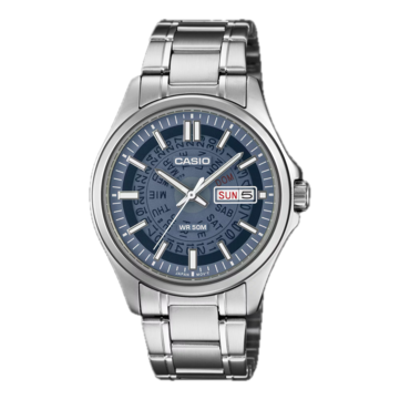 Модель MTP-E740-2A1V от Casio в темно-синем цвете оснащена полупрозрачным циферблатом, сквозь который видны расположенные под ним диски, отображающие день недели и дату.
