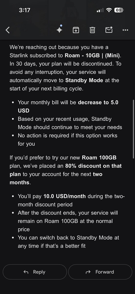 Starlink превратит тарифный план Roam за $10 в режим ожидания. (Источник изображения: silvertricl0ps/Reddit)