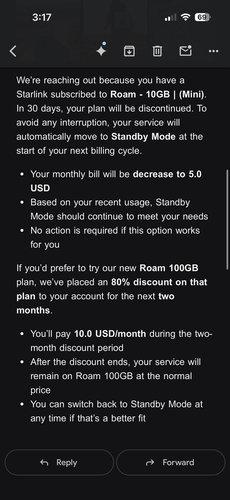 Starlink превратит тарифный план Roam за $10 в режим ожидания. (Источник изображения: silvertricl0ps/Reddit)