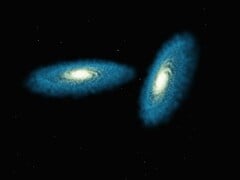 Художественная иллюстрация, изображающая две галактики.