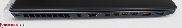 Левая сторона: замок Kensington, разъем питания, HDMI 2.0, 2 видеовыхода Mini-DisplayPort 1.4, 2 порта USB-C 3.1 Gen2, 2 порта USB-A 3.0
