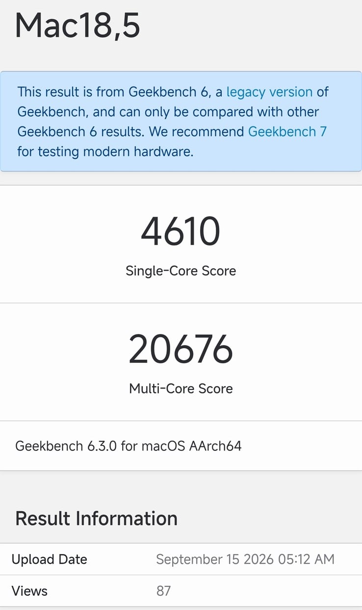 Сведения о Mac mini M6 в базе данных Geekbench 6.3