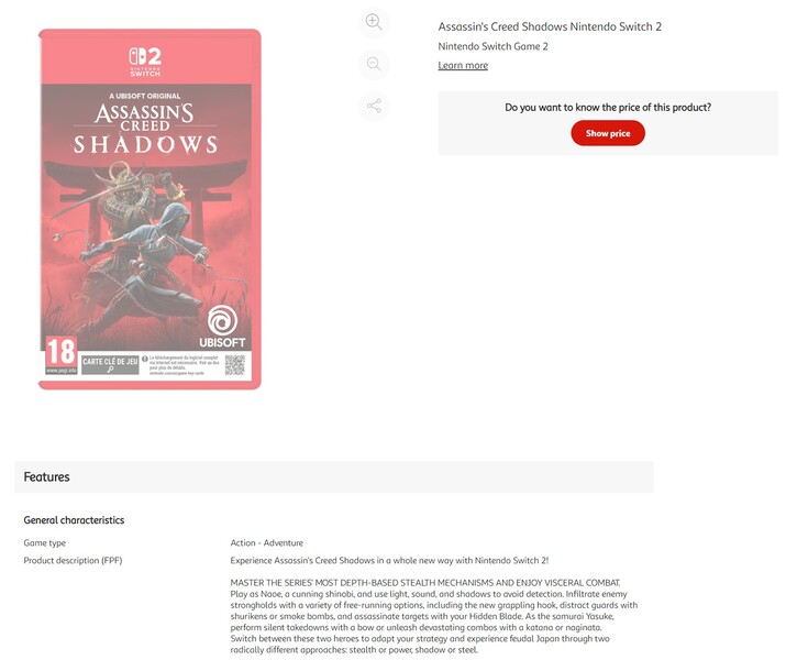 Assassin's Creed Shadows Switch 2 Auchan listing (Источник изображения: скриншот, Auchan)