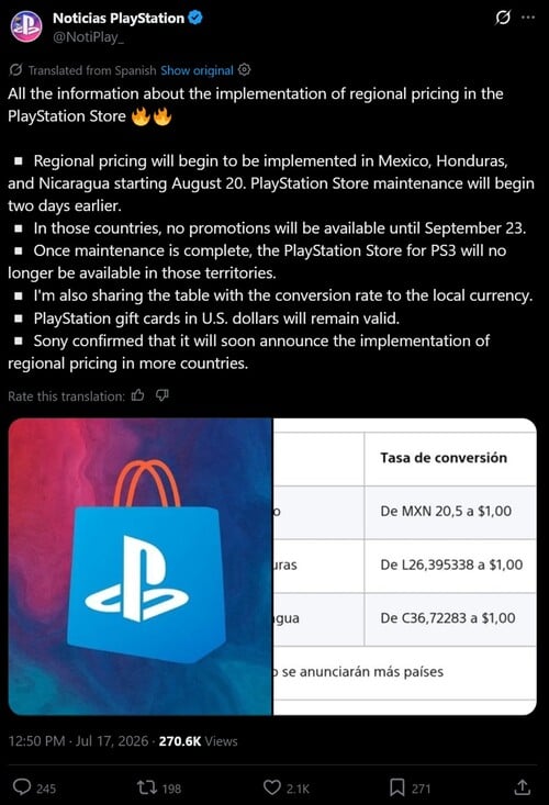 Приводится перевод объявления о ценах в латиноамериканском PlayStation Store