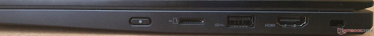 Правая сторона: клавиша включения, слот microSD, USB-A 3.2 Gen1 (постоянно запитан), HDMI 2.0, слот для замка