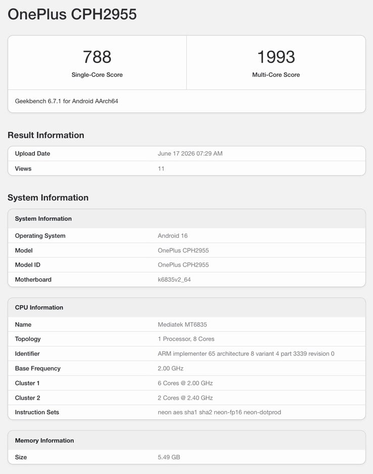 Предполагаемая запись о OnePlus N6 в базе данных Geekbench.
