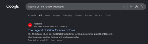 Утечка информации о ремейке игры «The Legend of Zelda: Ocarina of Time» для Switch 2 в результатах поиска Google