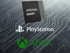 Логотипы PlayStation и Xbox видны под памятью Micron GDDR7 DRAM (Источник изображения: Micron, Sony PlayStation, Xbox Gaming с правками)