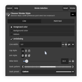 Новое окно выбора штриха в GIMP 3.0 имеет усовершенствованный пользовательский интерфейс с некоторыми новыми опциями штриха. (Источник изображения: Julian van der Merwe / Notebookcheck)
