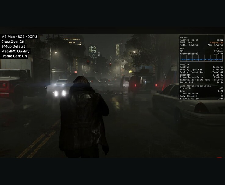 Resident Evil Requiem работает на M3 Max Mac через CrossOver 26 при 1440p с качеством MetalFX и генерацией кадров, показывая около 87 FPS.